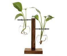 belupai Hydrokultur-Pflanzvase, Retro-Blumentopf, transparente Vase mit Holzrahmen, Tischpflanzglas für Zuhause, Bonsai, Deko, B-Vase mit 2 Lampen, 11.5 x 19.5cm