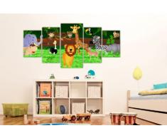 Leinwandbild Animals LW66 Wandbild, Bild auf Leinwand, 5 Teile, 210 x 100 cm, Kunstdruck Canvas, XXL Bilder, Keilrahmenbild, fertig aufgespannt, Bild, Holzrahmen, Kinder, Tiere, Dschungel