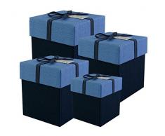 Emartbuy Set Von 4 Starren Luxus-Präsentation Geschenkbox, Dunkelblau Box Mit Hellblauem Deckel, Schokoladenbraunem Interieur Und Stripy Schwarzem/Blauem Dekorativem Band