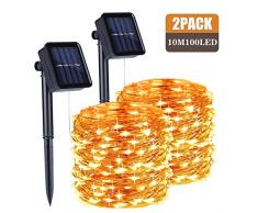 Sooair Solar Lichterkette Aussen, 2 Stück 10M 100 LED Lichterkette Außen, 8 Modi Wasserdicht Kupferdraht Weihnachtsbaum Lichterkette für Garten, Balkon, Terrasse, Hochzeit, Warmweiß Lichterkette