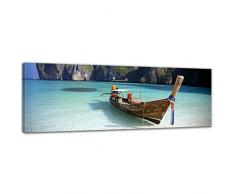 Keilrahmenbild - Maya Bay, KOH Phi Phi Ley - Thailand - Bild auf Leinwand - 120 x 40 cm - Leinwandbilder - Bilder als Leinwanddruck - Urlaub, Sonne & Meer - Asien - Boot am Strand