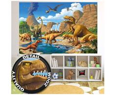 GREAT ART XXL Poster Kinderzimmer – Abenteuer Dinosaurier – Wandbild Dekoration Dinowelt Comic Style Jungle Adventure Dinosaurus Wasserfall Wandposter Fotoposter Wanddeko (140 x 100 cm)