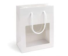 deluxe Geschenktasche mit Textilkordeln und Fenster, 185 x 105 x 230 mm, 12 Stück, weiß