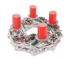 Mendler Adventskranz rund, Weihnachtsdeko Tischkranz, Holz Ø 35cm weiß-grau ~ mit Kerzen, rot
