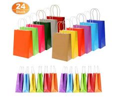 AiYoYo 24 Stück Papier Geschenktüten Bunt Papiertüten Kraftpapier Candy Tüten Partytüten 22x8x16 cm mit Henkel Ideal fur Kindergeburtstag, Babyparty, Hochzeit, Weihnachten (A)
