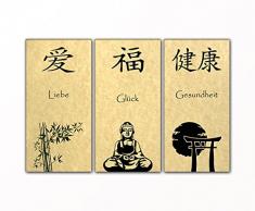 Berger Designs 3 Teiliges Feng Shui Bild Liebe Glück Gesundheit auf Leinwand und Keilrahmen. Beste Qualität - Handgefertigt in Deutschland! (3 x 40x80 cm)