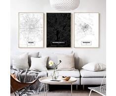 Fvfbd Leinwandbilder China Stadtplan Peking Shanghai Washington DC Karte Dekorative Leinwand Malerei Nordic Minimalist Picture Schwarz Weiß Wandkunst Keine gerahmten 50cmx70cmx3 STK