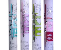 Taufkerze Kommunionkerze Mädchen Junge Sonne Herz Fische Taube 400x40mm mit Namen Datum Farbe wählbar ITP161