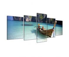 Kunstdruck - Maya Bay, Koh Phi Phi Ley - Thailand - Bild auf Leinwand - 200x80 cm 5 teilig - Leinwandbilder - Bilder als Leinwanddruck - Wandbild von Bilderdepot24 - Urlaub, Sonne & Meer - Asien - Boot am Strand