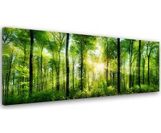 Feeby Frames, Leinwandbild, Bilder, Wand Bild, Wandbilder, Kunstdruck 60x150cm, Wald, BÄUME, Sonne, Natur, GRÜN
