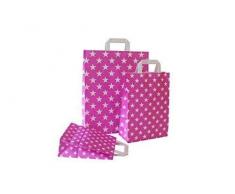 Papiertragetaschen mit Flachhenkel Sterne PINK (18 + 8 x 22 cm, 10 Stück)