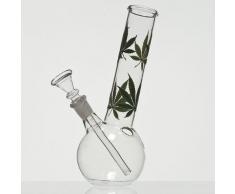 Glas Bong, Tabakpfeife mit kleiner Kugel und grünen Blättern, 22cm hoch, 36mm Ø, 14,5er Schliff und Chillum