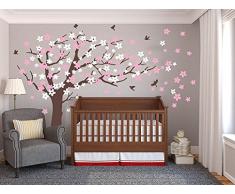 Große pflaumenblüte baum wand aufkleber mit weißen und rosa blumen - wandtattoo wandbild mit vögeln für kinder kinderzimmer (Brown)