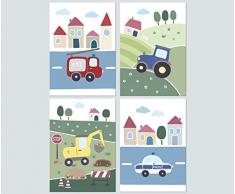 LALELU-Prints 4er Set Bilder Kinderzimmer Deko Junge Poster Fahrzeuge Bagger Traktor Polizei Feuerwehr DIN A4 I Babyzimmer Baby I Wandbilder Kinderbilder Babybilder