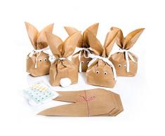 10 Stück braune natürlich lustige Osterhasen Hasen Papiertüten + weiß beige Baumwollband – Alternative zum Osternest f. Kinder + Erwachsene give-away Mitgebsel Verpackung Geschenke zu Ostern