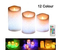 LED Flammenlose Kerzen RGB Multicolor Durchbrochene von Kambo, Säulen im 3er Set Echtwachs Gefertigt, Realistisch Flackernde LED Flammen 18 Tasten Fernbedienung Timer Kerzen für Hochzeit Cafe Bars