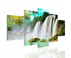 Bilder Wasserfall Landschaft Wandbild 200 x 100 cm Vlies - Leinwand Bild XXL Format Wandbilder Wohnzimmer Wohnung Deko Kunstdrucke Grün 5 Teilig -100% MADE IN GERMANY - Fertig zum Aufhängen 603551c