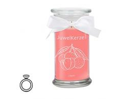 JuwelKerze Litschi - Kerze im Glas mit Schmuck - Große Pinke Duftkerze mit Überraschung als Geschenk für Sie (Silber Ring, Brenndauer : 90-125 Stunden)