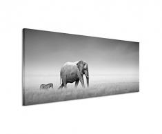 Paul Sinus Art Panoramabild 150x50cm Tierfotografie – Elefant und Zebra auf Leinwand Exklusives Wandbild Moderne Fotografie für ihre Wand in vielen Größen