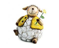 TEMPELWELT Deko Figur Lamm Schäfchen Schaf sitzend mit Blume 16 cm aus Keramik weiß gelb mit Metall Blume, Dekofigur Lämmchen Gartenfigur für Frühling Ostern