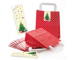 25 rote, weiß gepunktete Papiertüten Geschenk-tüten Weihnachtstüten mit Boden (18 x 8 x 22 cm) kleine Papiertaschen mit Weihnachts-Aufkleber Banderole Christbaum mit bunten Flocken