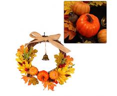 Wankd Herbst Kranz,Thanksgiving Herbst Kranz Bell Ahorn Kürbis Tür Fenster Weihnachten Dekoration Rattan Ring hängen (30cm)