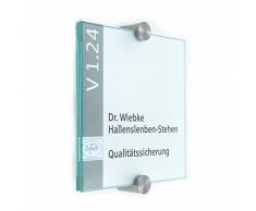 Türschild Glas für Büro, Vitrum K, 130/130 mm, 2 Edelstahl Klemmhalter