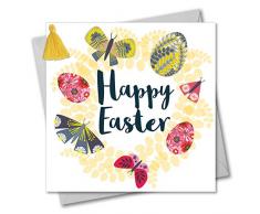 Ostergrußkarte mit Quastenverzierung, Schmetterling und Eierkranz, Happy Easter