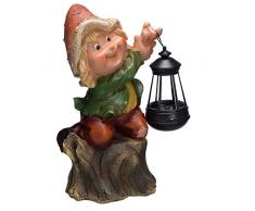 Kinderfigur, Gartenwichtel mit Solarlampe NF12180-2 , Groß 31 cm hoch , Gartenfigur, Deko Kinder Wichtel mit Pilzhut auf einem Baumstamm, mit LED Solar Lampe, schön und aufwendig gearbeitet, Dekorationsfigur für Innen und Außen,
