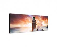 Panoramabild auf Leinwand und Keilrahmen 150x50cm Meer Welle Leuchtturm Steg Wolkenhimmel
