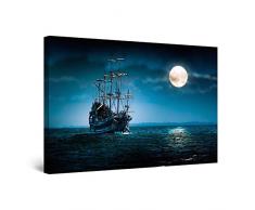 Startonight Bilder Schiff und Mond am Blauen Meer, Leinwandbilder Moderne Kunst, Landschaft Wanddeko Kunstdrucke, Wandbilder XXL 80 x 120 cm, Tag Nacht Bild