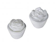 4 x Weiße Kerze Rose im weißen Zement Topf ca. 7 cm x 8,5 cm Rosenkerze