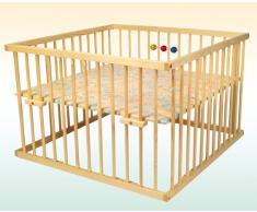 Kidsmax Laufgitter David 120x120 Kiefer klar lackiert inkl. Holzkugeln, Polsterboden, Schlupfsprossen, Höhenverstellung und Rollen