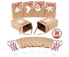 MonQi 30 Stück Große Kapazität Weihnachten Geschenktüten mit 30 Weihnachtsanhänger und 30 Weihnachtsbänder, Bonbontüten aus Kraftpapier für Weihnachts Geschenk (4.5 x 3 x 7)