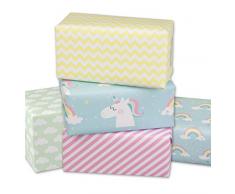 KuschelICH Einhorn Geschenkpapier 6 Bögen in abgestimmten Designs - 50 x 70 cm je Bogen - gerollt - knickfrei
