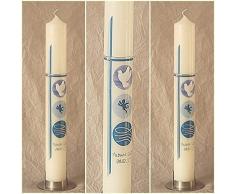 Taufkerze Jungen, Kerze zur Taufe, Kommunionkerze für Jungen, blau, Gr. 400 * 50mm, mit Name und Datum beschriftet