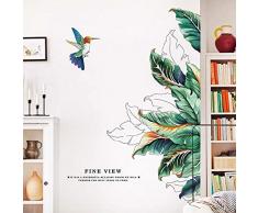 WandSticker4U®- XL Wandtattoo Wohnzimmer PFLANZE grün I Wandbilder: 120×70 cm I Wandsticker Modern Aufkleber Vogel tropisch Blätter Gräser Poster I Wand Deko für Küche Bad Flur Möbel