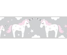 lovely label Bordüre selbstklebend Einhorn ROSA/GRAU - Wandbordüre Kinderzimmer/Babyzimmer mit Einhörnern und Sternen - Wandtattoo Schlafzimmer Mädchen & Junge – Wanddeko Baby/Kinder