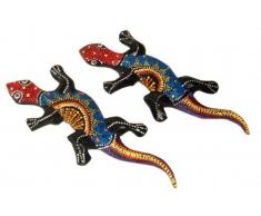 TEMPELWELT 2X Kühlschrankmagnet Gecko im Set je 10 cm lang, handgefertigt aus Holz punktbemalt dotpainting bunt, Dekofigur Echse mit Magnet