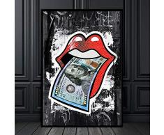 XIANRENGE Leinwanddrucke,Hd-Drucken Poster Sexy Rote Lippen Und Us Dollar Geld Leinwand Gemälde Moderne Abstrakte Größe Wall Art Inkjet Pop Art Bild Für Wohnzimmer Home Decor,30X40Cm Ungerahmt