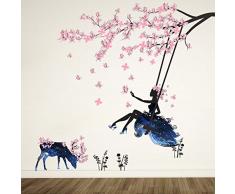 Wandtattoo Mädchen auf Baum Swing & Moose Silhouette Wand Aufkleber mit Rosa Schmetterlinge Dekorative Abnehmbare Wandsticker DIY Vinyl Wand Aufkleber für Wohnzimmer, Schlafzimmer