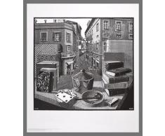 Germanposters MC Escher Poster Kunstdruck Bild Stilleben und Strasse im Alu Rahmen in Champagne 71x61cm