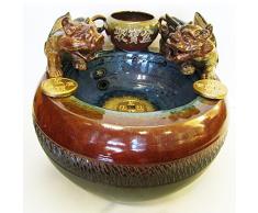 Handgemachte Keramik Zen Kunst der Meditation |Elegante Schönheitsdekoration für Haus oder Garten|Feng Shui PI-Xiu glücklicher Brunnen Dekoration mit Pumpe & LED-Licht (großes Set-L37xB35xH30xB20cm)