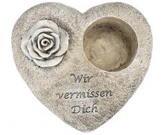 com-four® Grab Dekoration Rose, Gedenkstein mit Halter für Grablicht oder Trauergesteck, wetterfester Grabschmuck, Trauerstein mit Gedenkspruch (1 Stück - Rose Wir vermissen Dich)