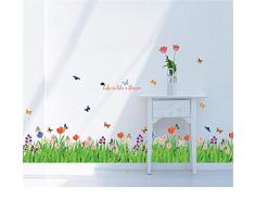 decalmile Wandtattoo Grüne Gras Blumenwiese Wandsticker Schmetterling Bordüre Wandaufkleber Wohnzimmer Schlafzimmer Wanddeko