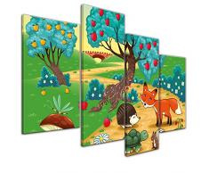 Bilderdepot24 Kunstdruck - Kinderbild Tiere im Wald - Bild auf Leinwand - 120x80 cm vierteilig - Leinwandbilder - Bilder ALS Leinwanddruck - Wandbild Kinder - farbenfrohe Waldidylle mit Tieren