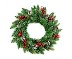 SHATCHI Künstliche 55 cm beleuchtete Weihnachtsbaumgirlande mit Beeren und Tannenzapfen, Frostspitzen, Tür-Wand-Dekoration, Weihnachtsdekoration, Weihnachtsdekoration, LED-Licht, Grün