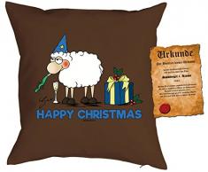 Kissen mit Füllung - Weihnachtsmotiv: Happy Christmas, Schaf - Set mit Urkunde - By Gali - Farbe: braun - Geschenk - Weihnachten