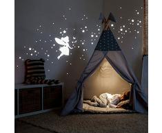 ilka parey wandtattoo-welt Leuchtsticker Sternenhimmel Leuchtaufkleber Wandtattoo mit Elfe Fee Sterne & Punkte Set 117 Stück fluoreszierend M2213