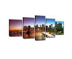 Iejsgfj Bild auf leinwand 5 teilig Manhattan Brücke Leinwandbilder Wandbilder Wohnzimmer Wohnung Weihnachten GeschenkDeko Kunstdrucke Fertig zum Aufhängen modernes 150x80 cm